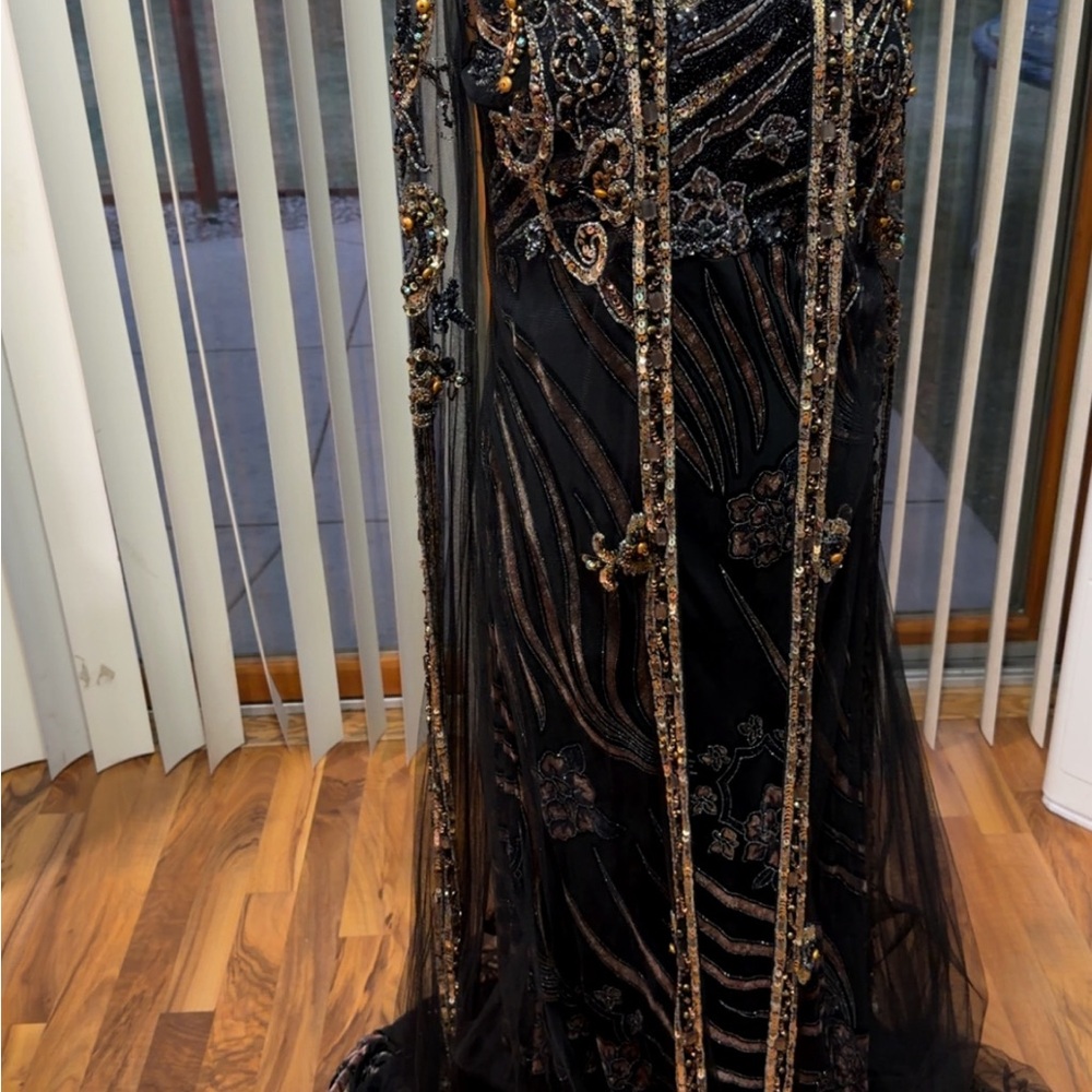 Elegant Black and Gold Embellished Evening Gown